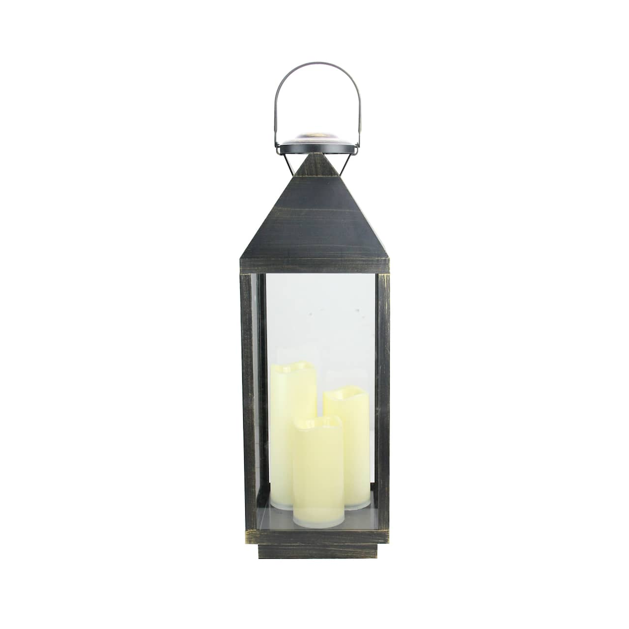 24&#x22; Gold Brushed Black Candle Lantern with 3 Flameless LED Candles